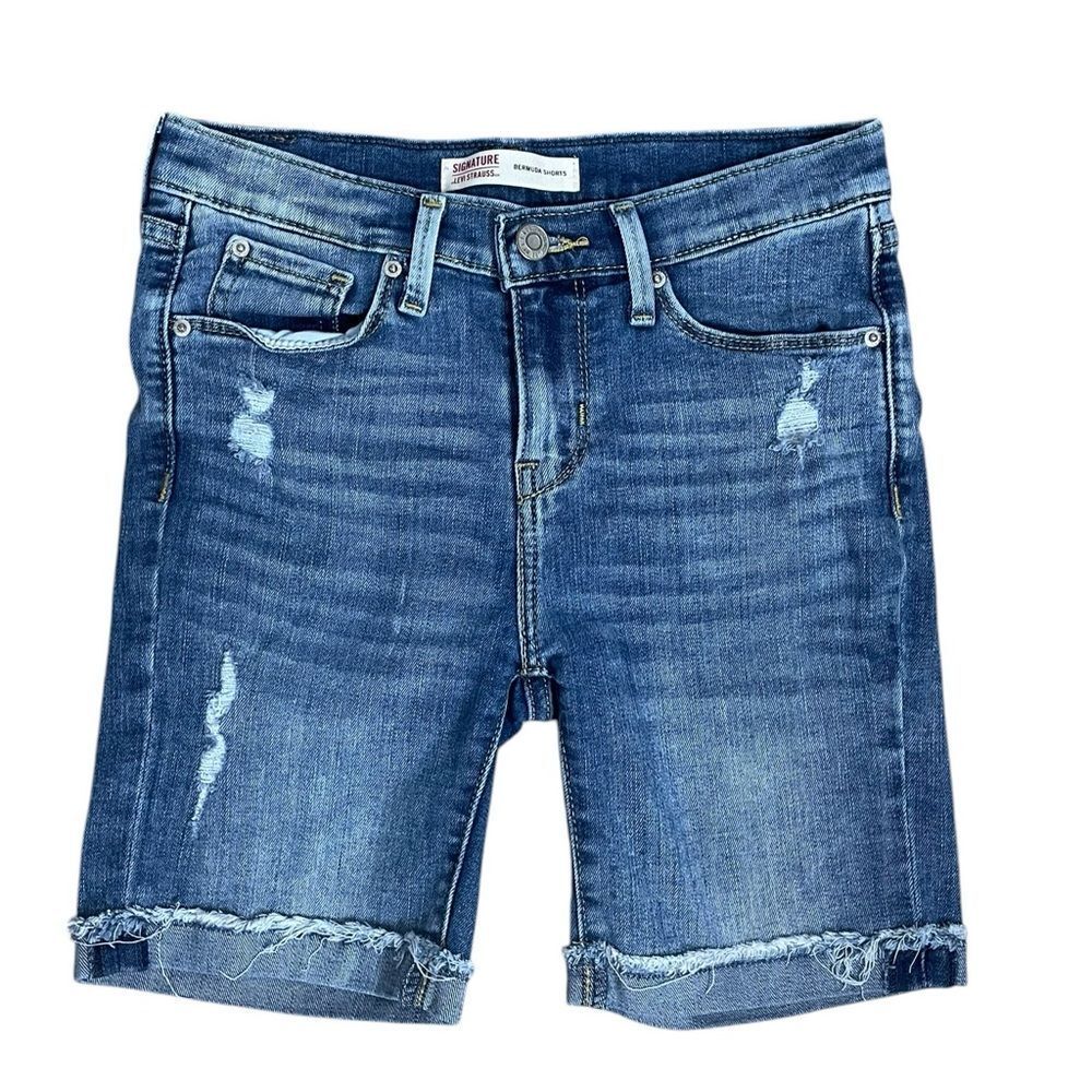 Levi Strauss Bermuda Shorts Women Blue Distressed Mid Rise Denim